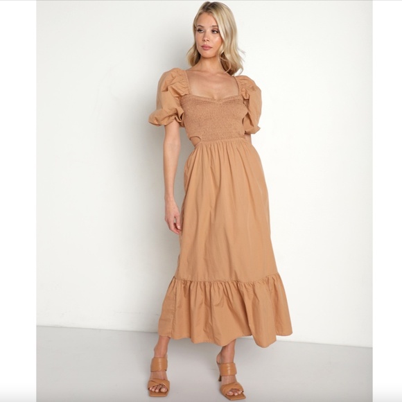 Faithfull the Brand Bloom Smocked Puff Midi Dress, Size 6, Tan Anthropologie - Picture 1 of 9